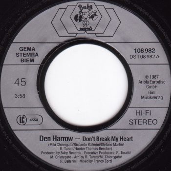 Den Harrow – Don't Break My Heart  Vinyl, 7", 45 RPM, Single, Stereo  media VG+ cover GENERIC